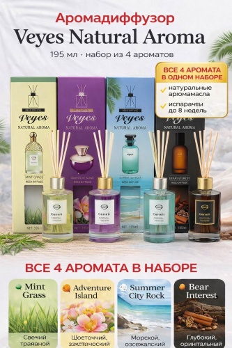 Диффузор с палочками Veyes parfum Свежий травяной, Цветочный, морской, глубокий ориг. 195 мл