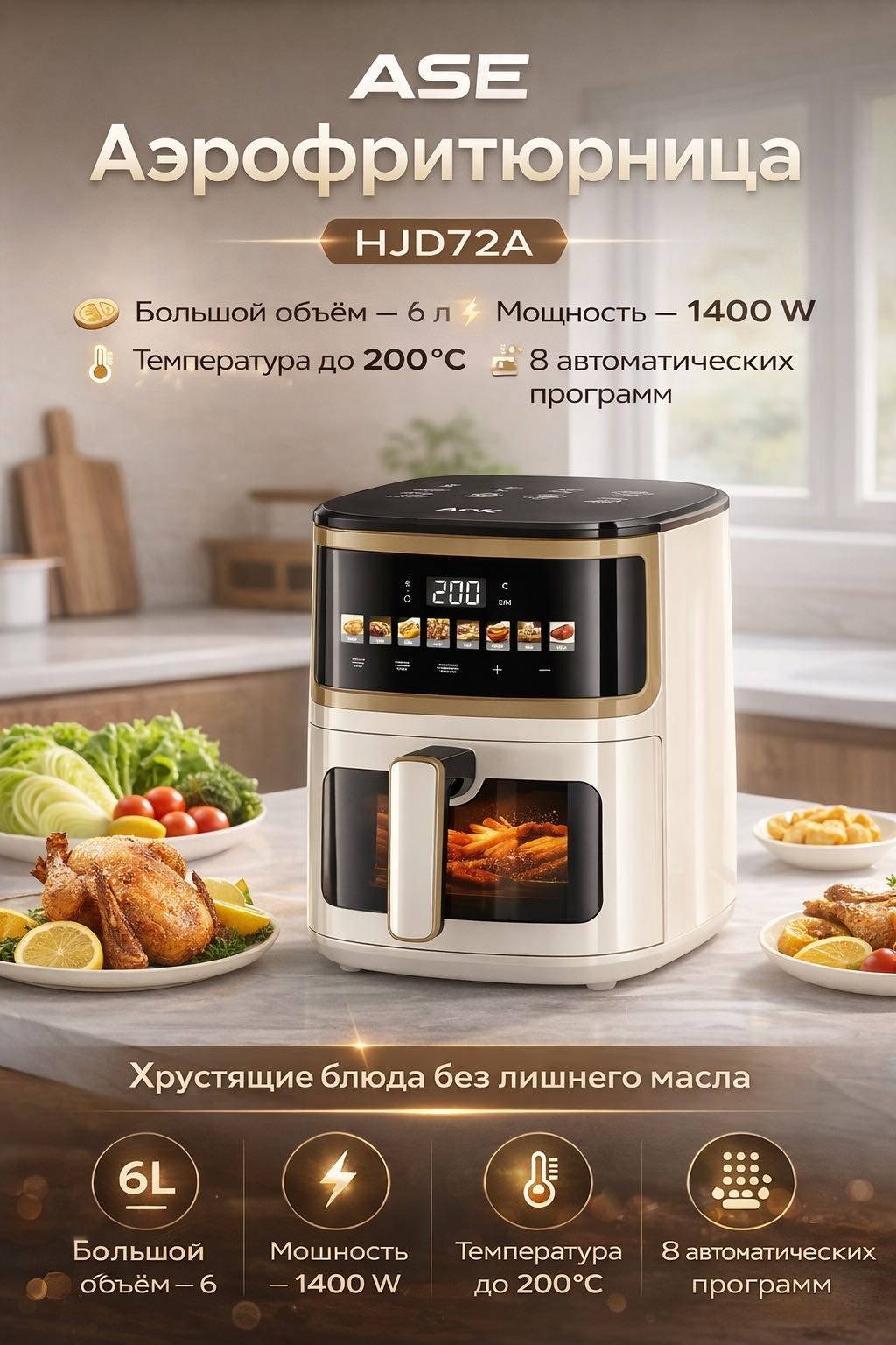 Аэрогриль Ase ASE-HJD72A 6 л светло-бежевый