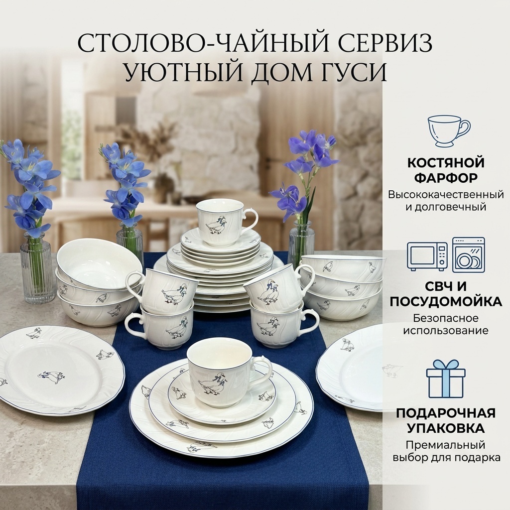 Сервиз на 6 персон Уютный дом Гуси, предметов: 32, чайно-столовый, костяной фарфор