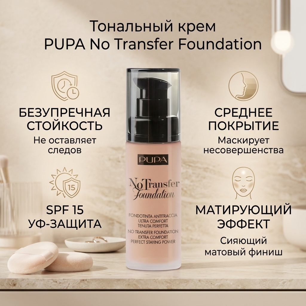 PUPA No Transfer Foundation тональный крем 02 Light Beige 30 мл