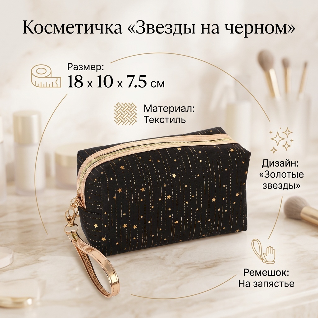 Косметичка текстиль черный 10X18 см
