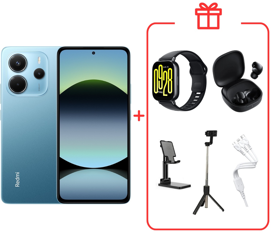 Смартфон Xiaomi Redmi Note 14 + Redmi Watch 5 Active + Redmi Buds 6 Play + подставка для телефона + интерфейсный кабель 3 в 1 + трипод 8 ГБ/256 ГБ голубой