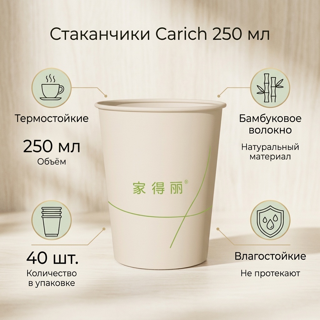 Carich стакан 250 мл Бумажные стаканчики из небелёного бамбукового волокна бежевый 40 шт