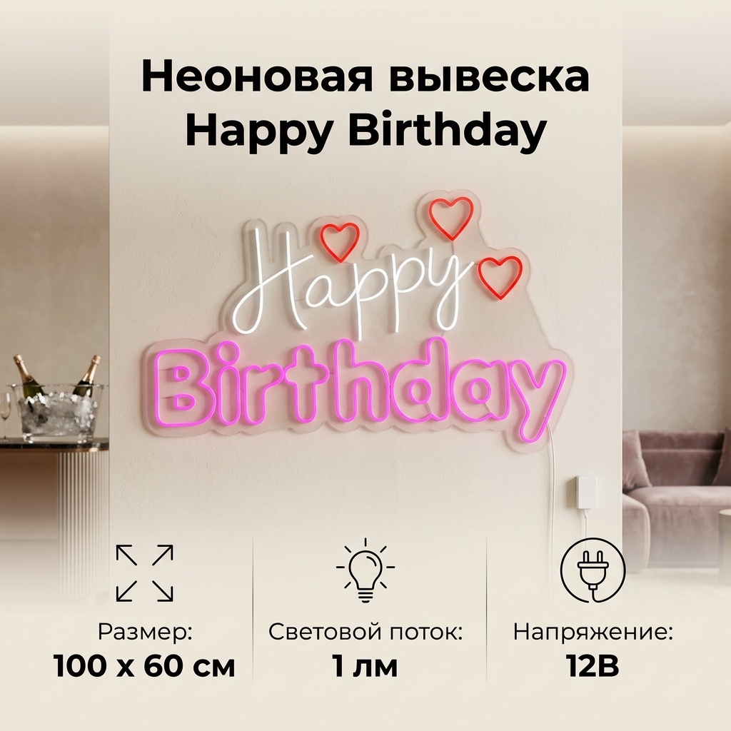 Неоновая вывеска настенный Happy Birthday, белый, красный, розовый