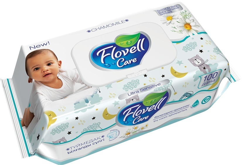 Детские влажные салфетки Flovell Care Ultra Sensitive Chamomile 100 шт зелёный