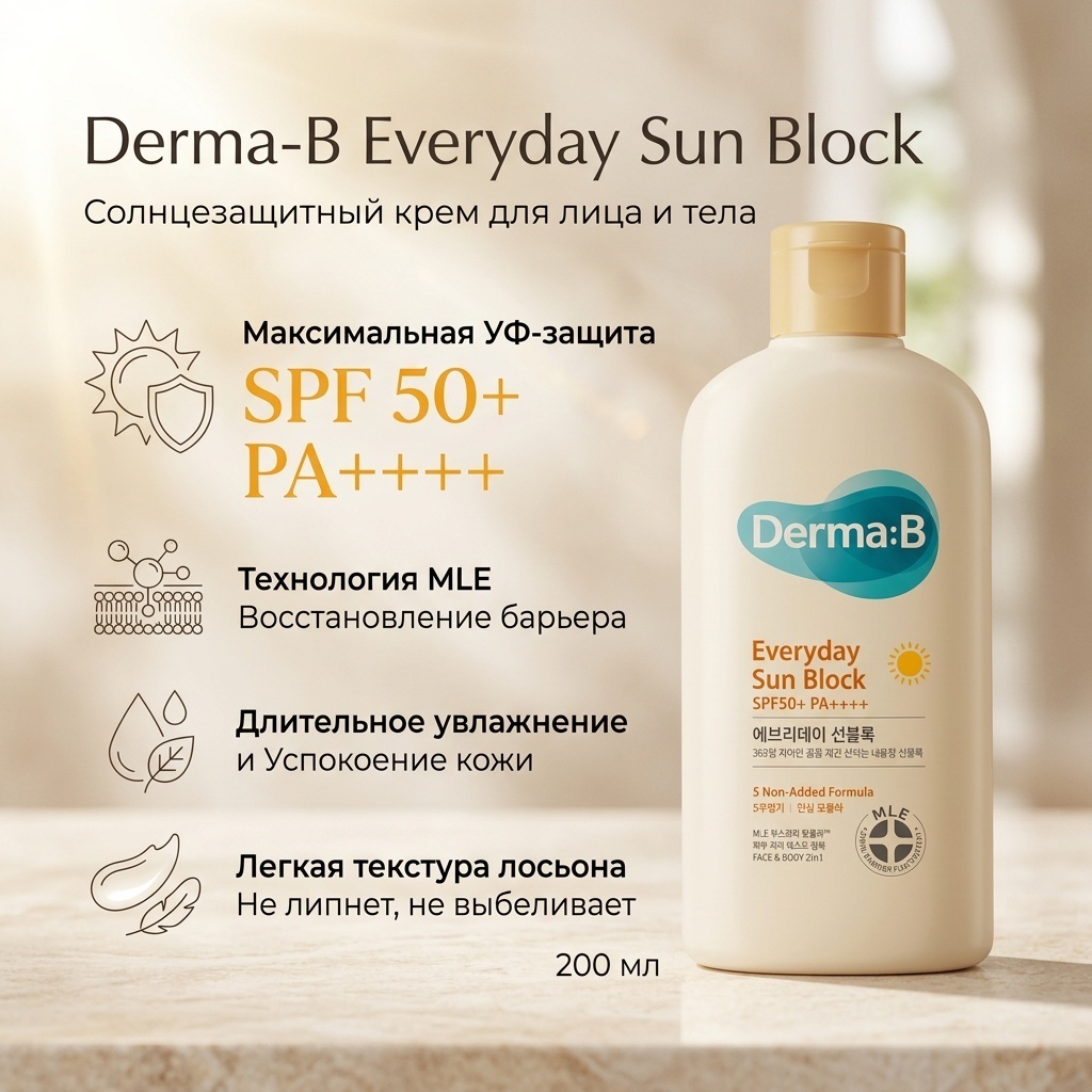Derma-B крем Everyday Sun Block SPF50+ PA++++ для лица, для зоны декольте 200 мл