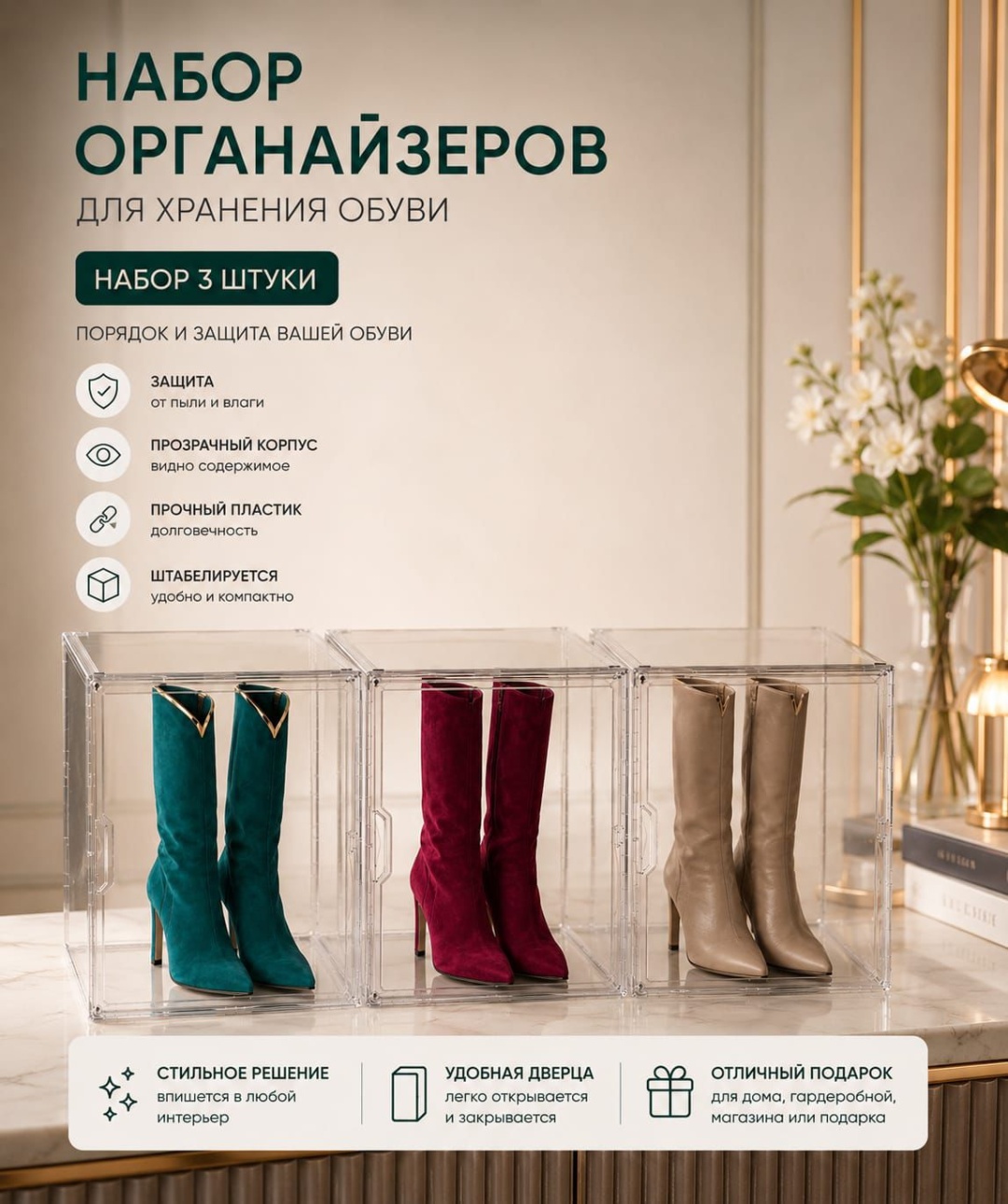 Органайзер для обуви, универсальный прозрачный, 3 шт