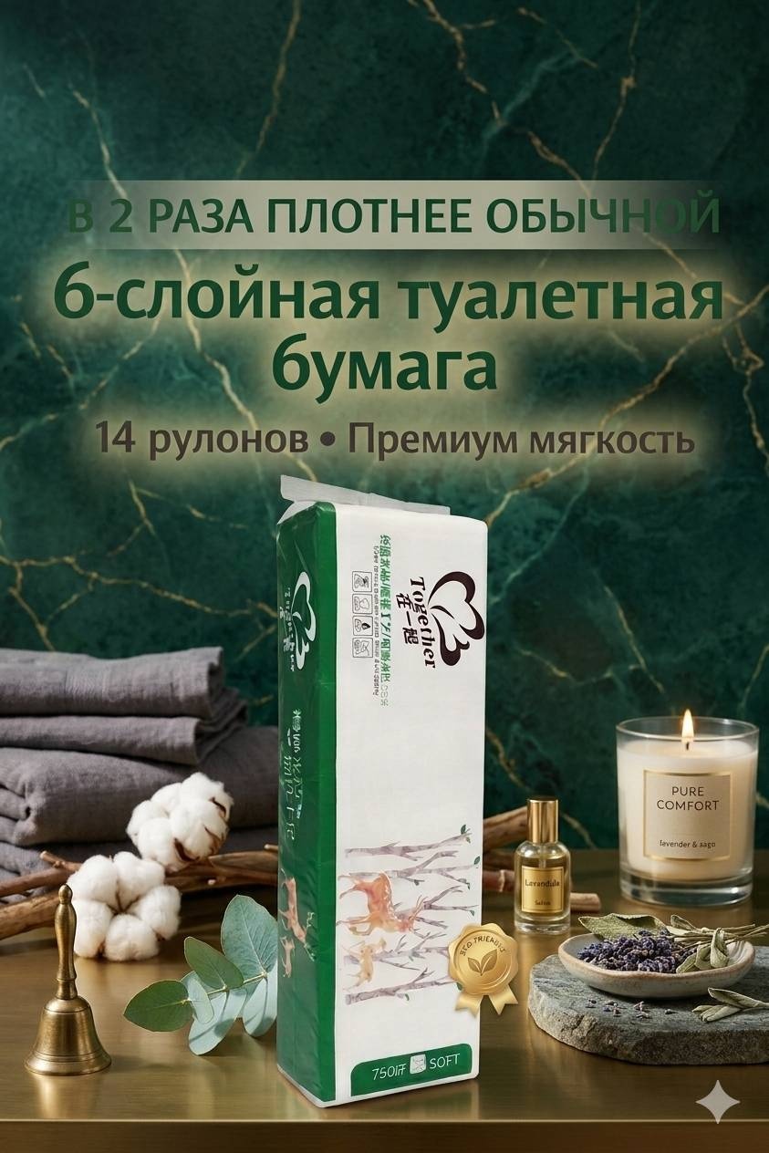 Туалетная бумага 6-слойный 14 шт, первичная целлюлоза