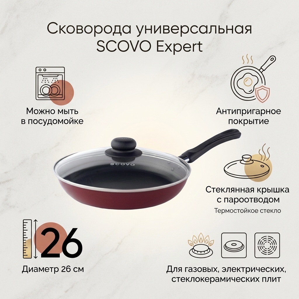 Сковорода SCOVO Expert 26 см с антипригарным покрытием, алюминий