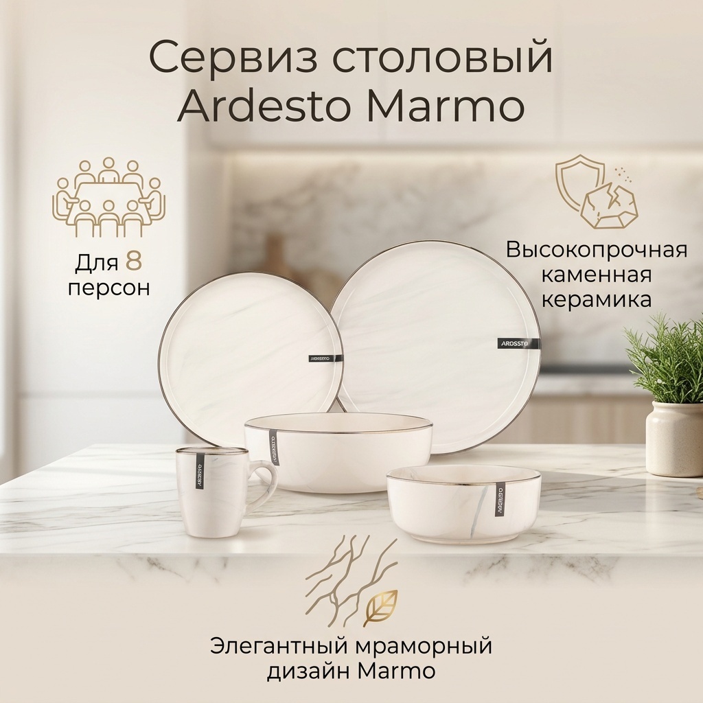 Сервиз на 8 персон Ardesto Marmo, предметов: 38, столовый, керамика