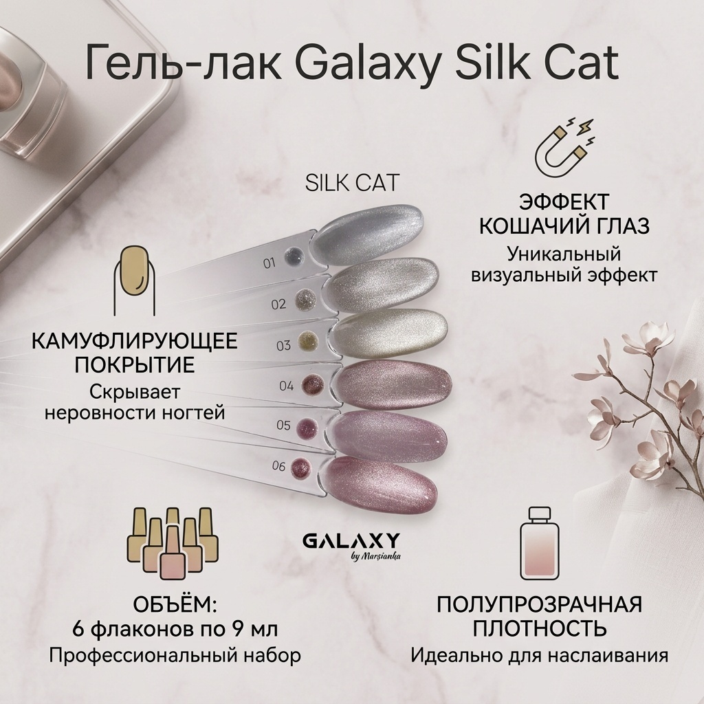 Galaxy гель-лак Комплект Silk cat, 6 шт по 9 мл