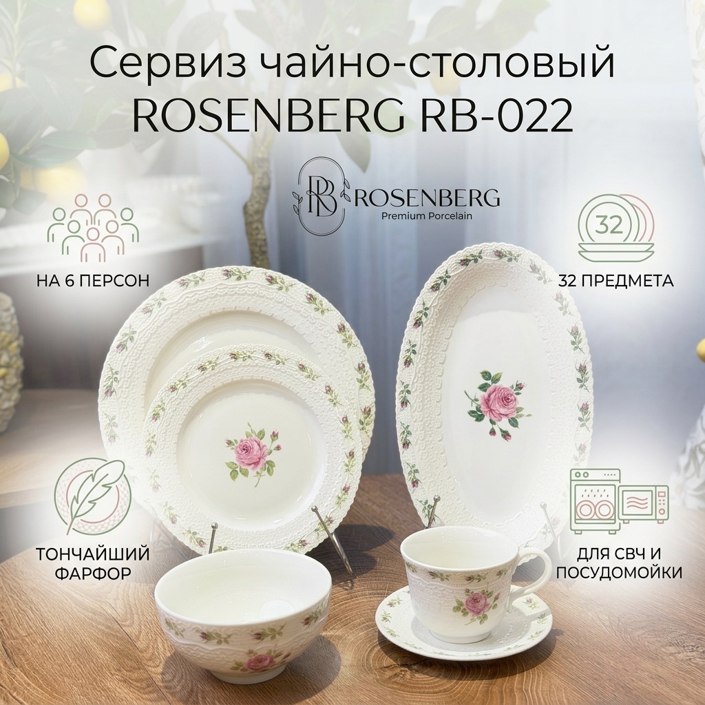 Сервиз на 6 персон ROSENBERG RB-022, предметов: 32, чайно-столовый, фарфор