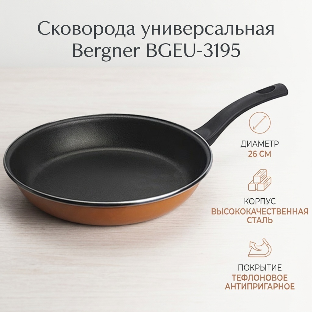 Сковорода Bergner BGEU-3195 26 см с антипригарным покрытием, сталь
