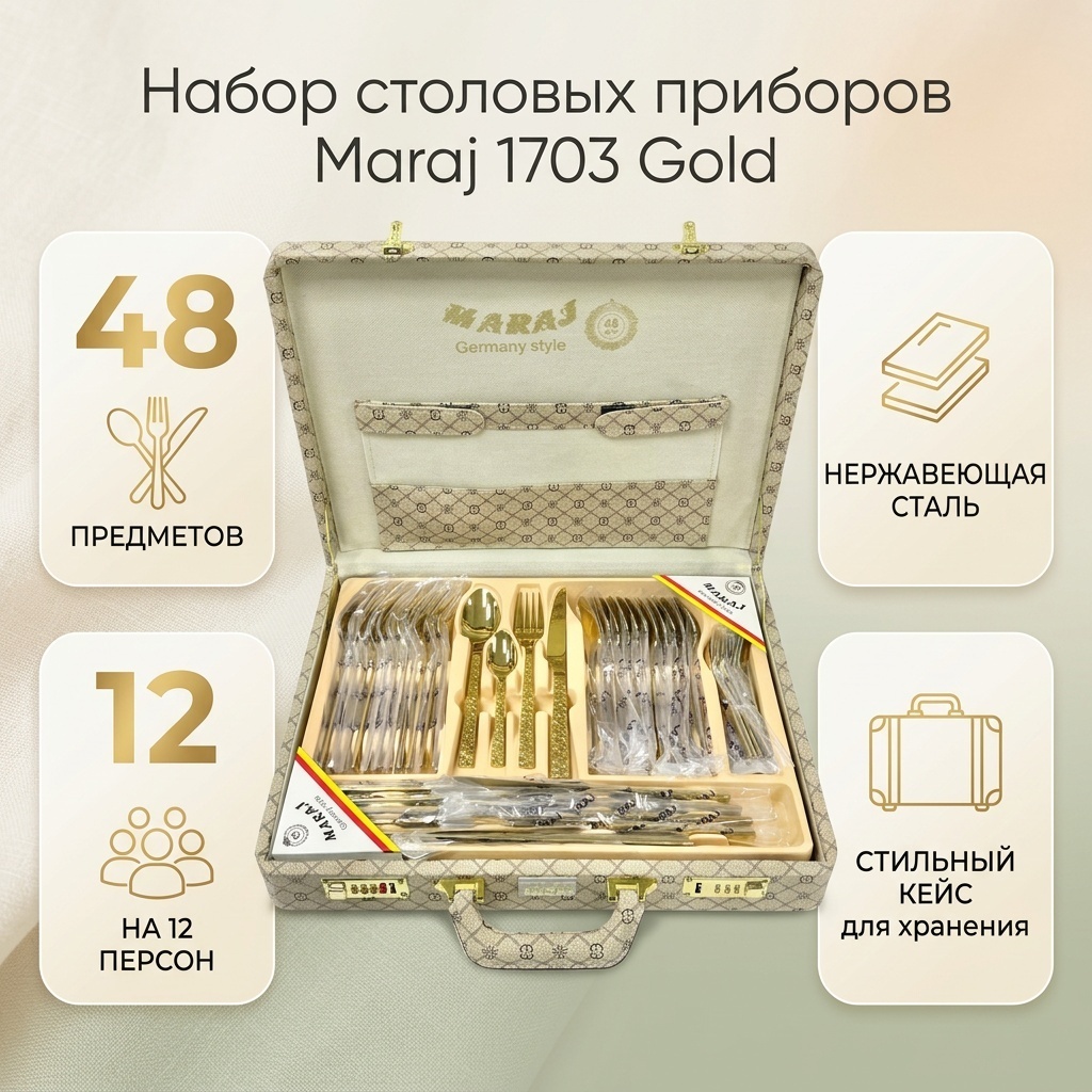 Набор столовых приборов Maraj 48 шт, золотистый 1703 Gold