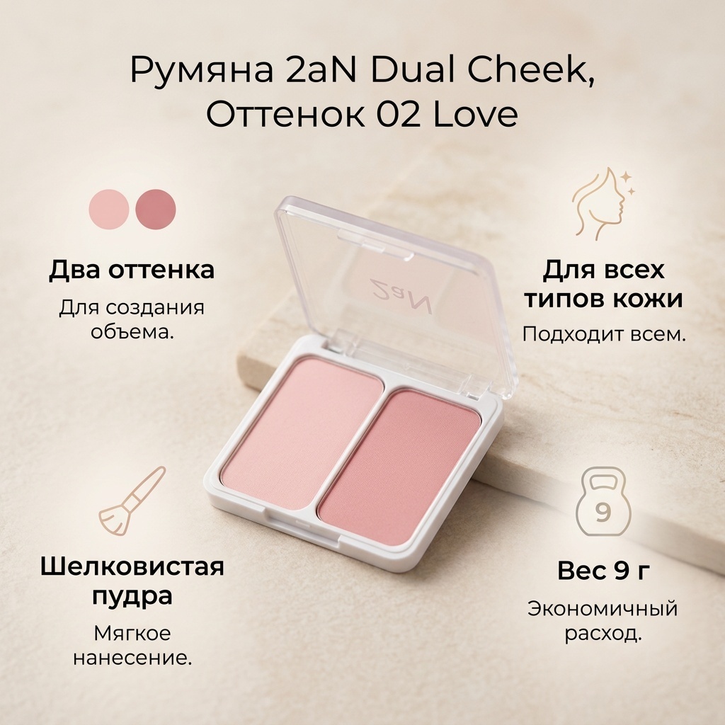 2aN Dual Cheek, оттенок 02 Love, розовый, 9 г румяна 02 Love, Rosy