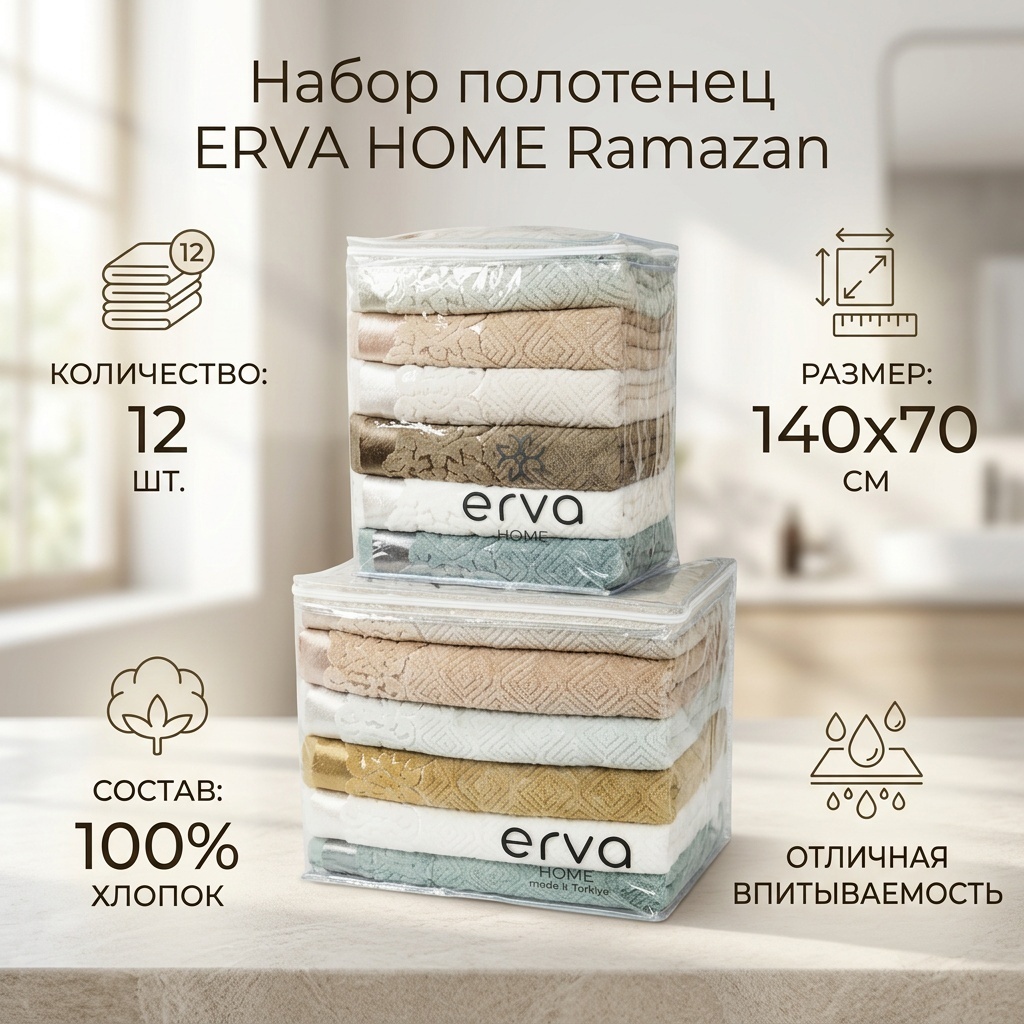 Набор полотенец ERVA HOME 140x70 см, хлопок, велюр, 12 шт,