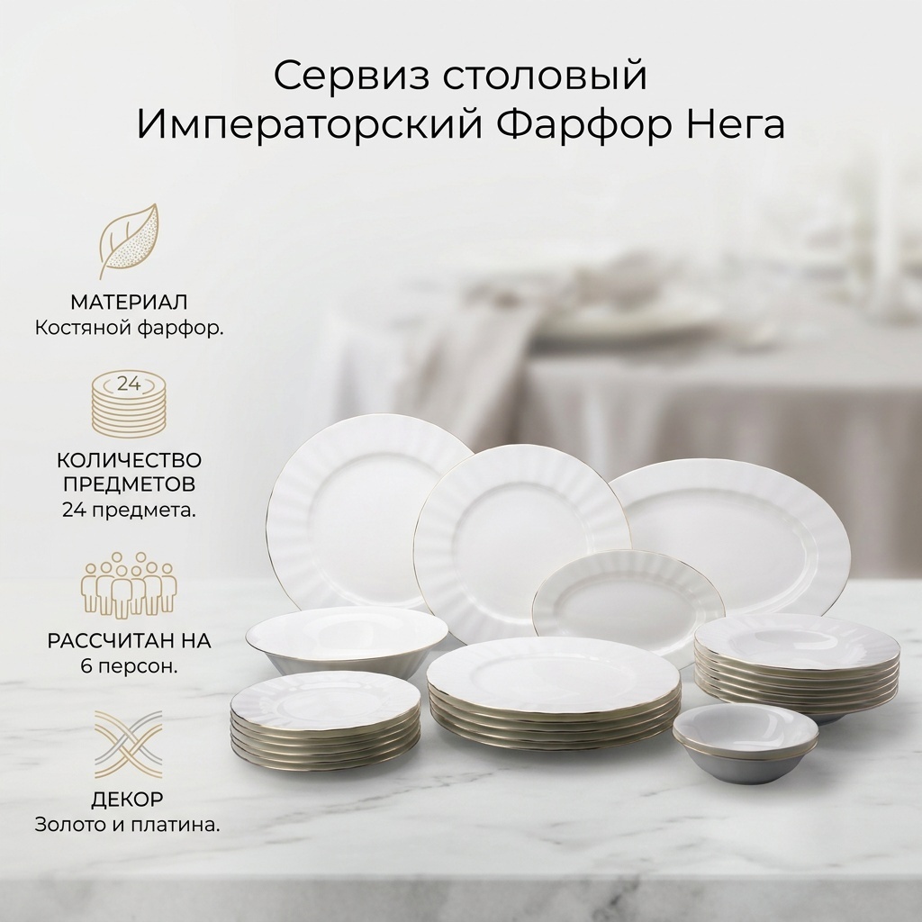 Сервиз на 6 персон Императорский Фарфор , предметов: 24, столовый, костяной фарфор