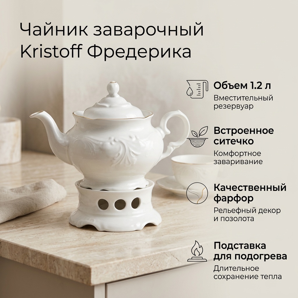 Чайник Kristoff Фредерика Tea cup 1.2 1.2 л, фарфор