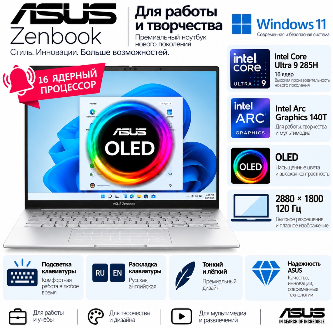 Ноутбук ASUS Zenbook UX3405CA285-0ECBXBJX21Q 14" / 32 Гб / SSD 1000 Гб / Win 11 / 90NB14W1-M0Q5T0