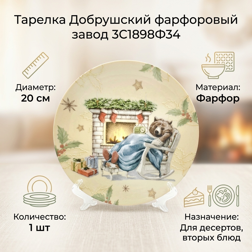 Тарелка Добрушский фарфоровый завод 20 см, 1 шт, фарфор