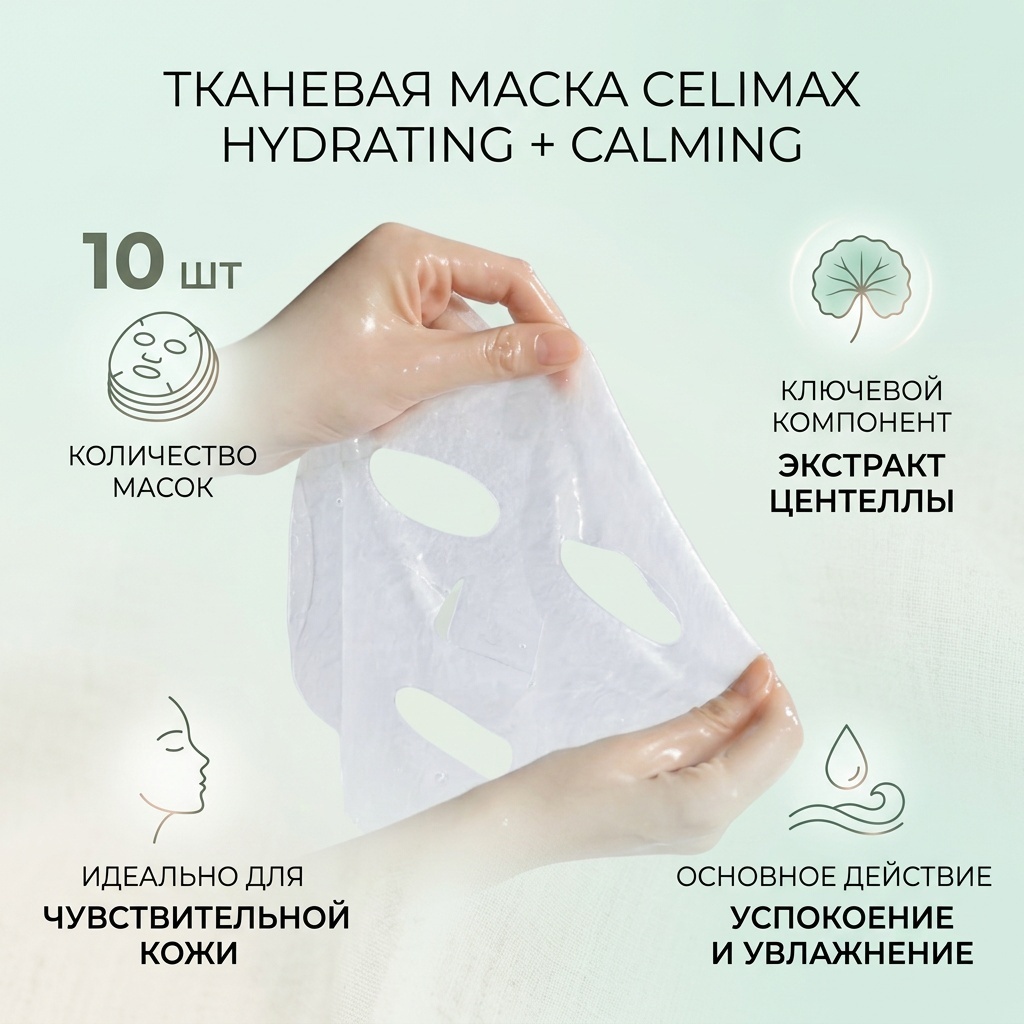Маска для лица Celimax тканевая Hydrating + Calming Cica Serum Mask 10 шт