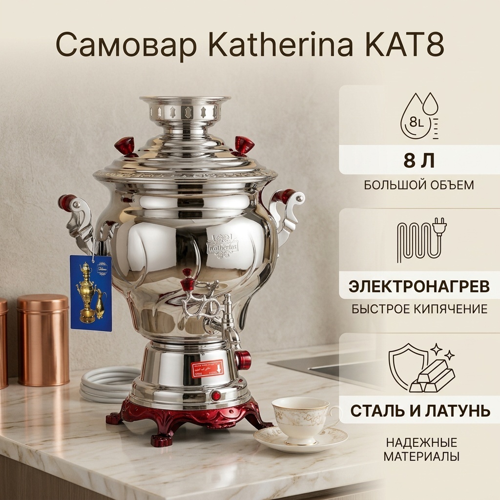 Katherina самовар KAT8 8 л, сталь, латунь