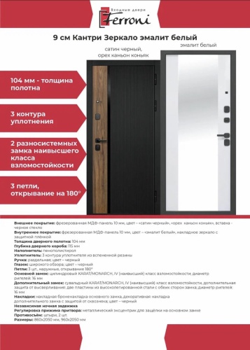 Ferroni 9 см Кантри Зеркало эмалит белый РОССИЯ 2000x800 мм, сталь, правая