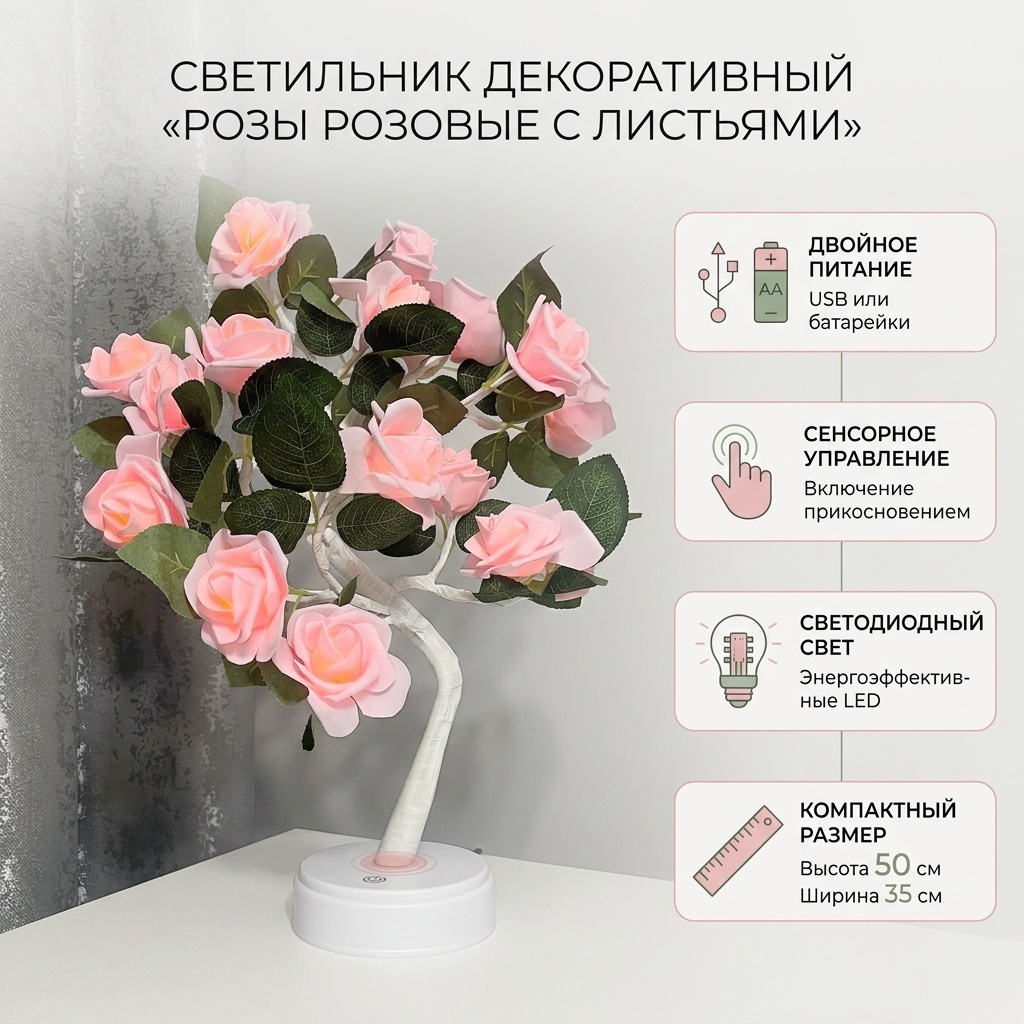 Декоративный светильник настольный Розы розовые с листьями, розовый