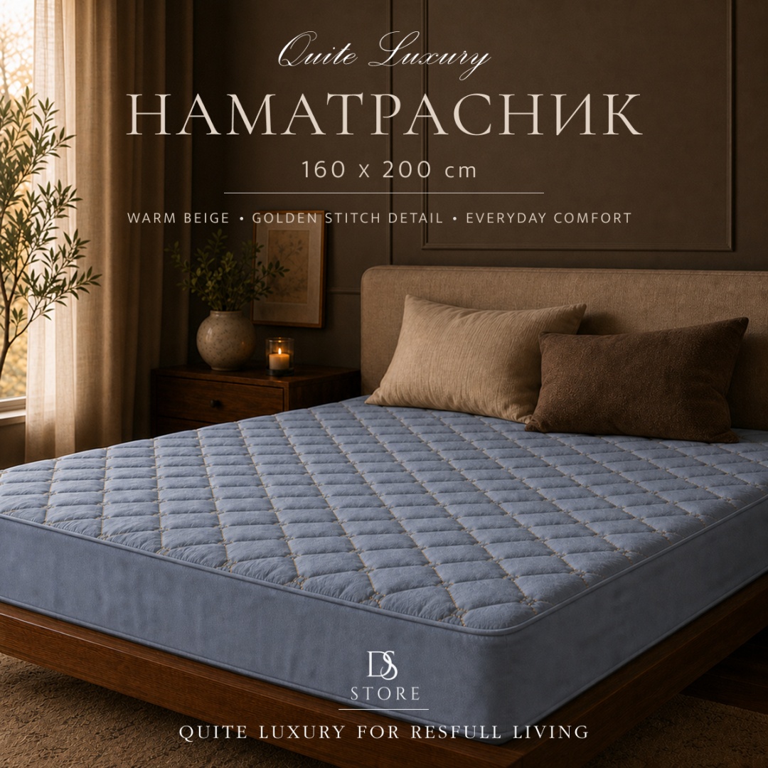 DS наматрасник на резинке Moontix Quiet синий стеганый 160x200, полиэстер, поликоттон, полисатин
