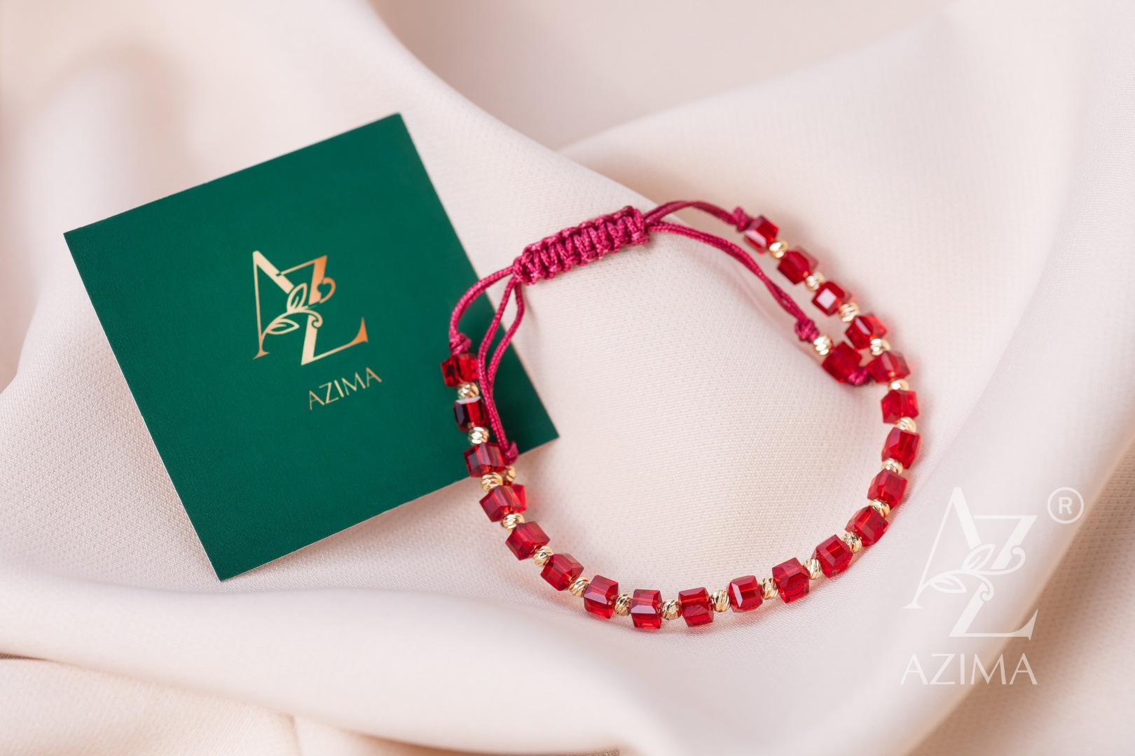 Браслет AZIMA GOLD1 Red Garnet Single длина 18 см, вес 0.5 г сплав покрытый золотом 14К, плетение веревка
