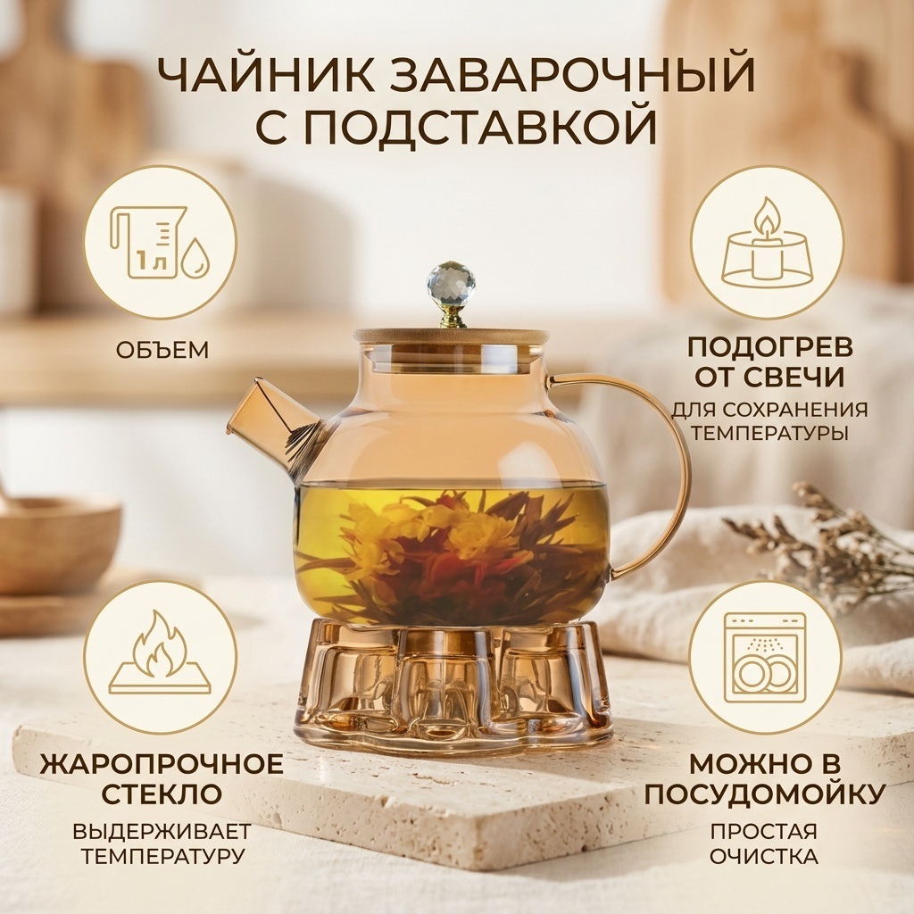 Чайник заварочный с подставкой 620784622 1 л, жаропрочное стекло