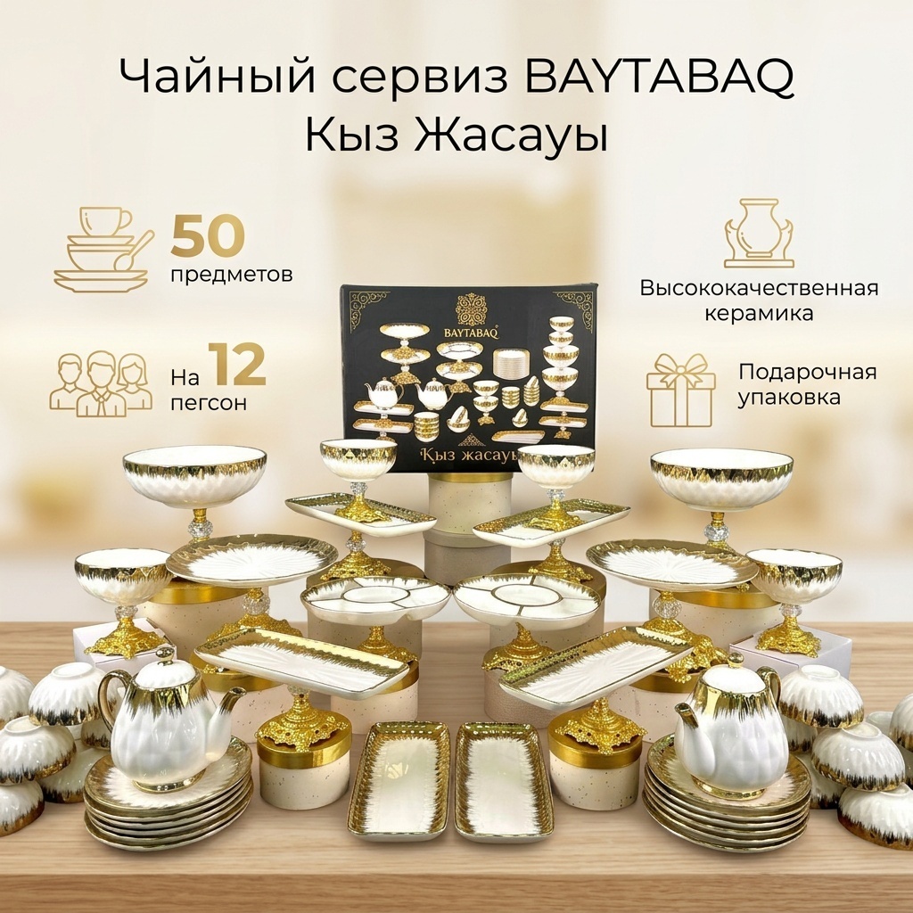 Сервиз на 12 персон Кесе чайник тарелка менажнитца, предметов: 50, набор для чайной церемонии, керамика