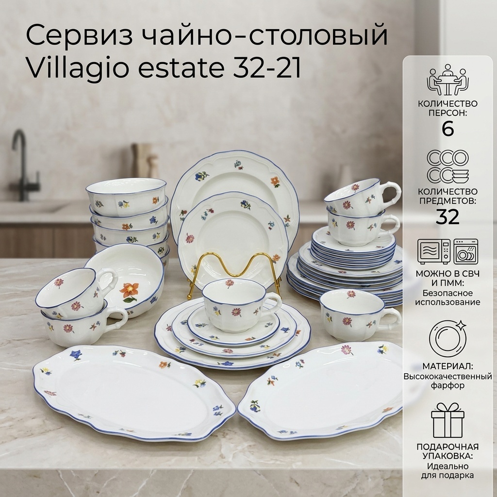 Сервиз на 6 персон Villagio estate Цветочный, предметов: 32, чайно-столовый, фарфор, костяной фарфор