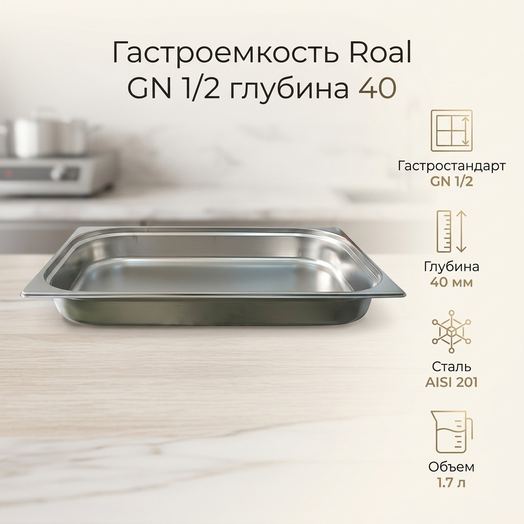 Roal гастроемкость GN 1/2 глубина 40, нержавеющая сталь