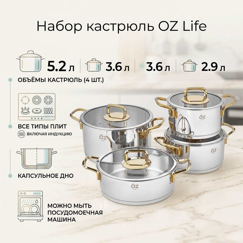 Набор кастрюль OZ Life 8 в 1