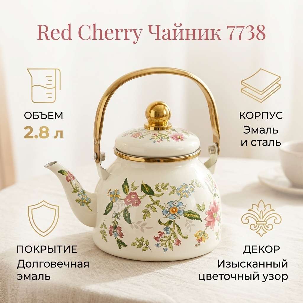 RED CHERRY чайник 7738 2.8 л, эмаль, нержавеющая сталь