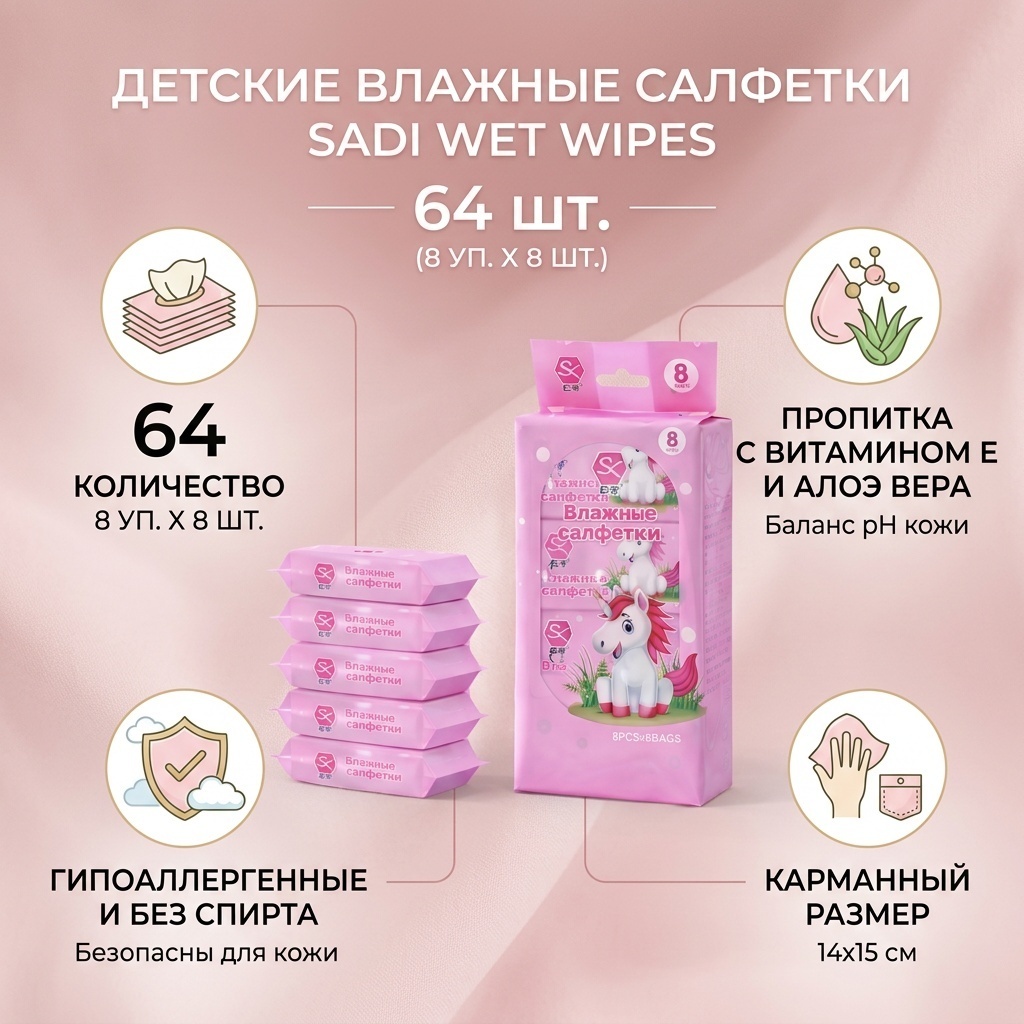 Детские влажные салфетки SADI Wet Wipes 64 шт
