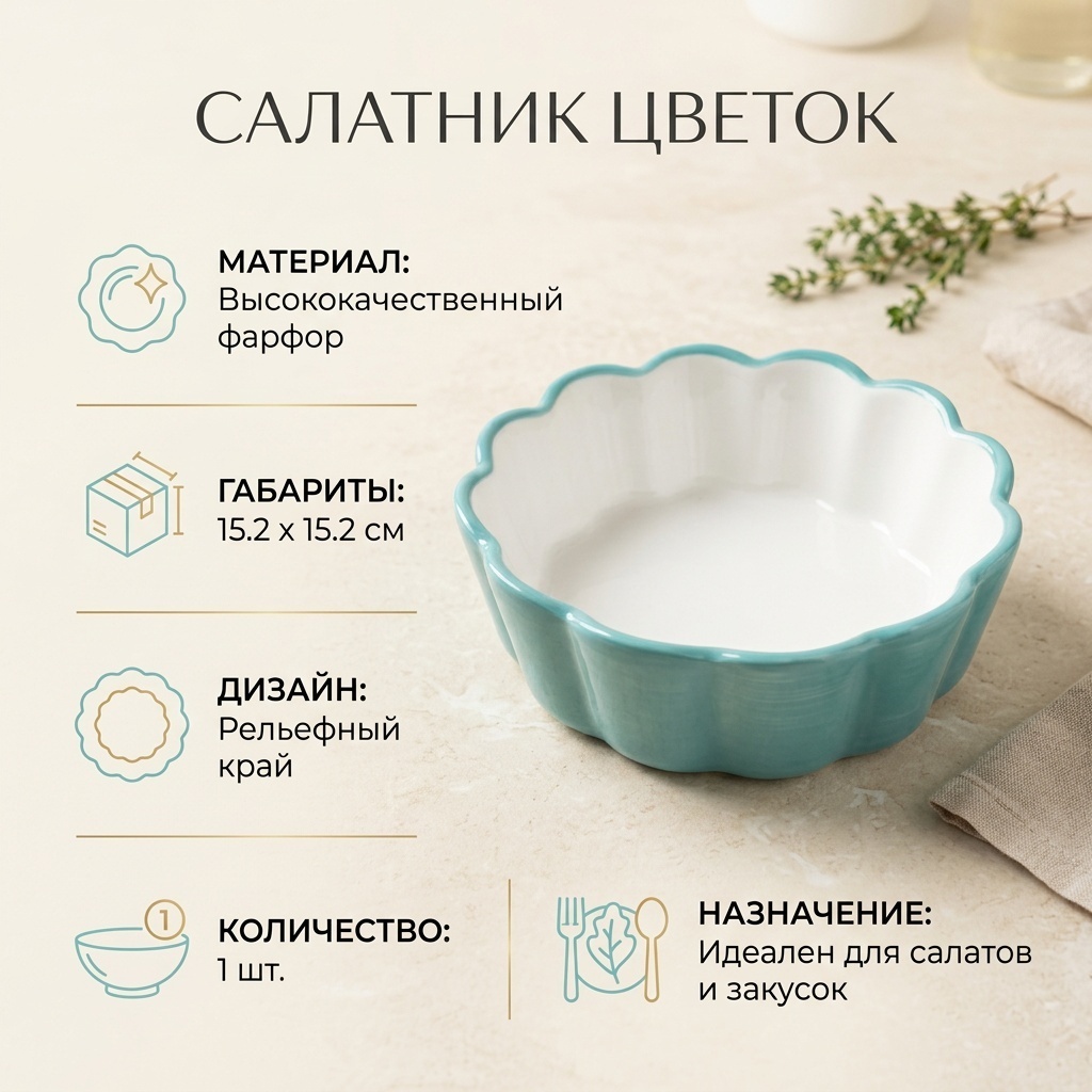 Салатник 15.2х15.2 см, фарфор, 1 шт