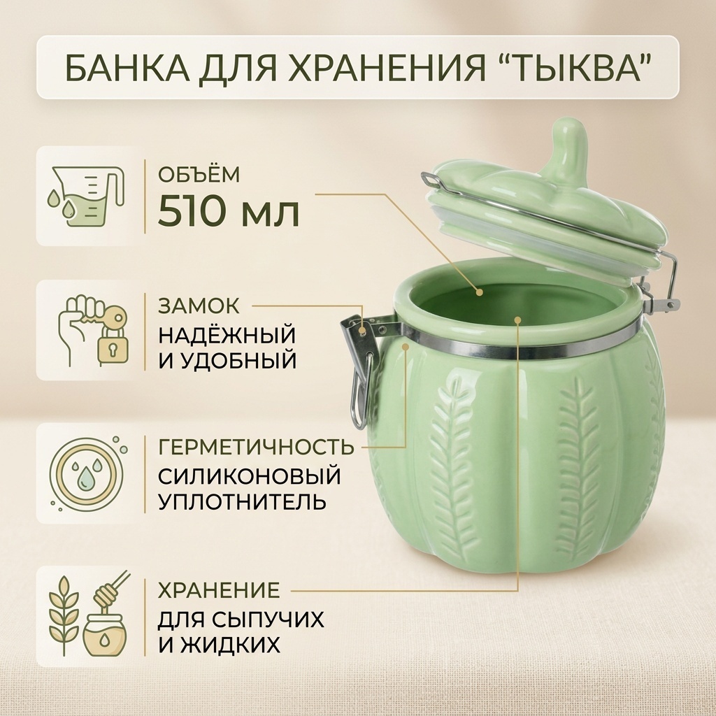 Банка с замком Тыква, 510 мл, керамика, нержавеющая сталь, силикон