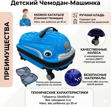 Чемодан-самокат SafiTau Чемодан Машинка ABS-пластик 40 л синий