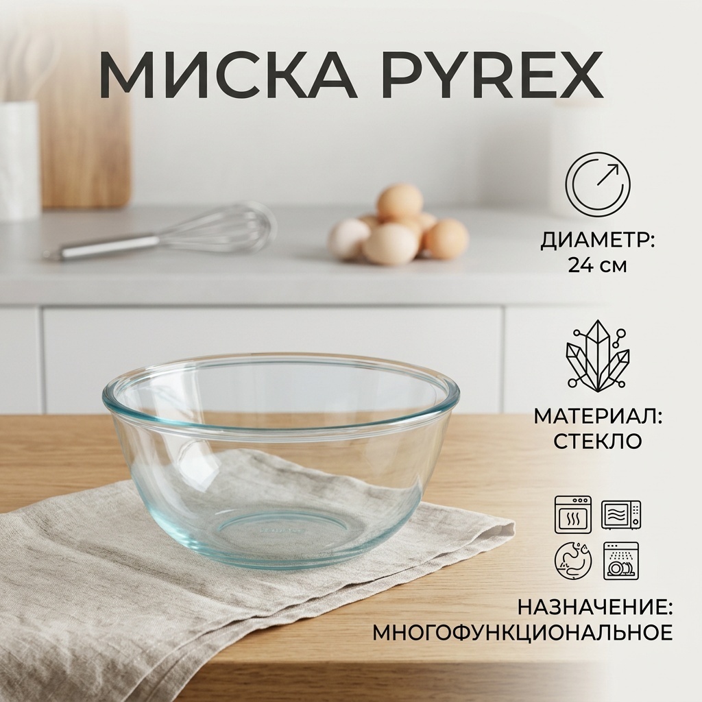 Миска Pyrex 24х24 см, стекло, 1 шт