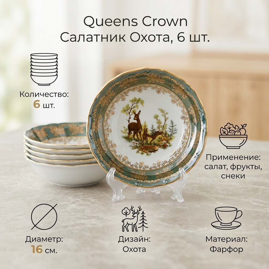 Салатник Queens Crown Зеленая охота 16х16 см, фарфор, 6 шт