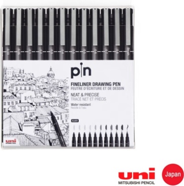 Ручка линер Uni Pin Uni Mitsubishi Pencil Набор ручек Линер, цвет: Черный, 12 шт. 12 шт, 0.1 мм, цвет чернил черный