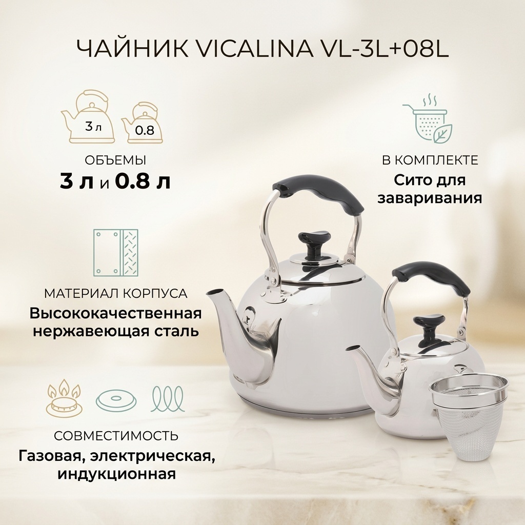 Vicalina чайник Базовая коллекция VL-3L+08L 3 л, нержавеющая сталь, бакелит
