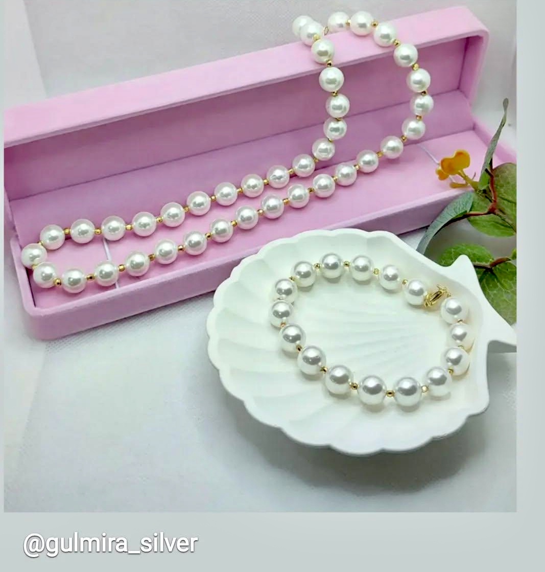 Серебро России GulmiraSilver Бусы с браслетом вес 45 г сплав покрытый золотом 14К, культивированный жемчуг