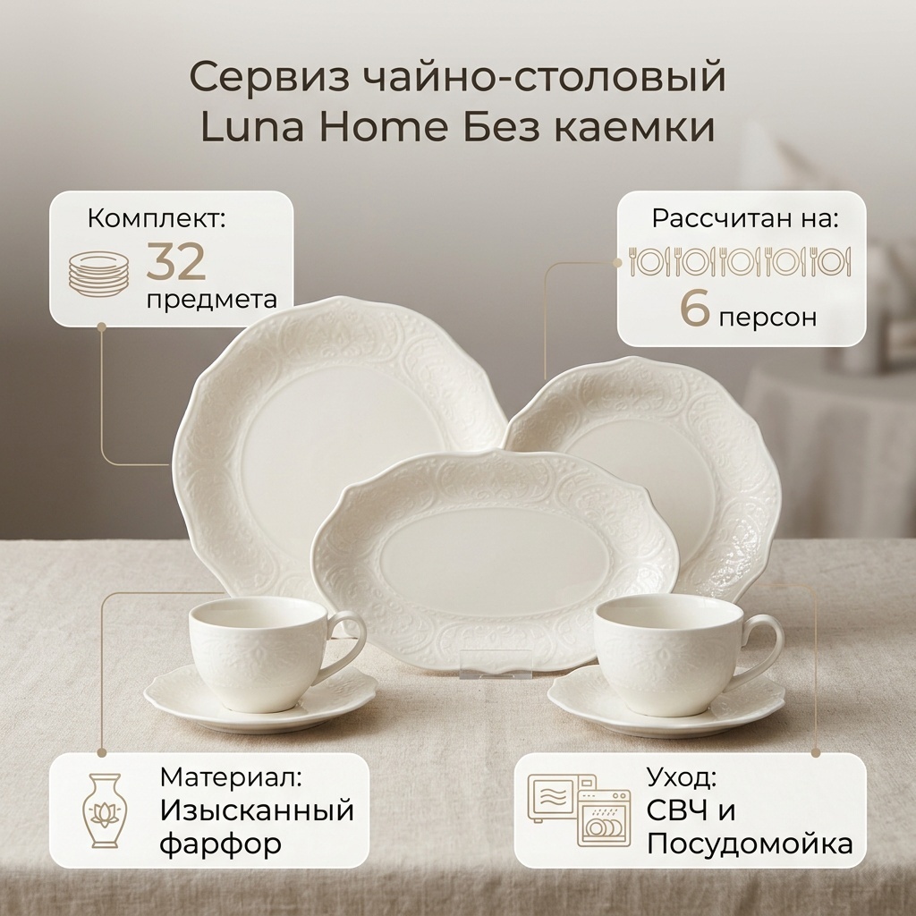 Сервиз на 6 персон Luna Home , предметов: 32, чайно-столовый, фарфор