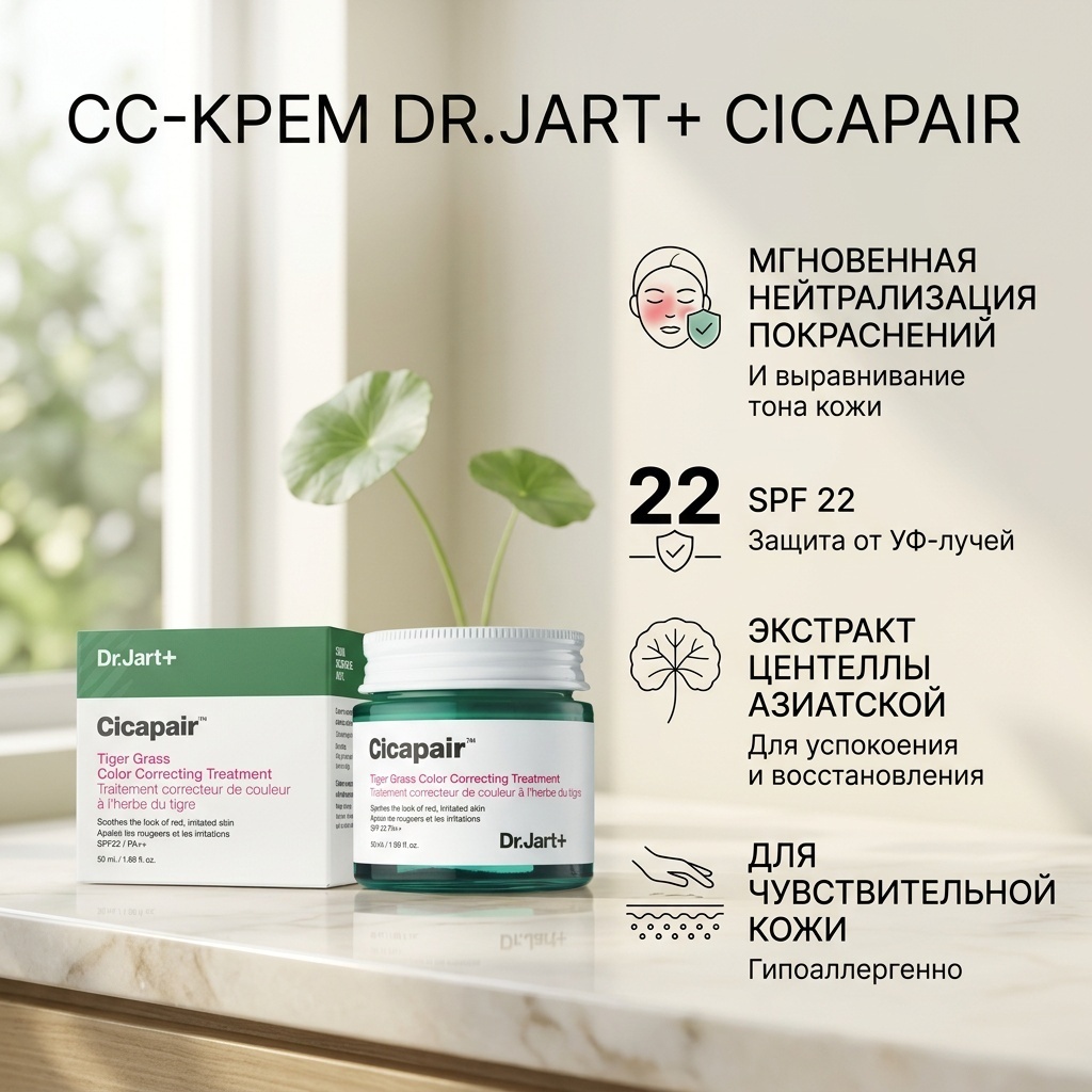 Dr. Jart Tiger Grass Color Correcting Treatment SPF22+ Корректирующий СС Крем с Центеллой 50ml СС крем Нейтральный 50 мл