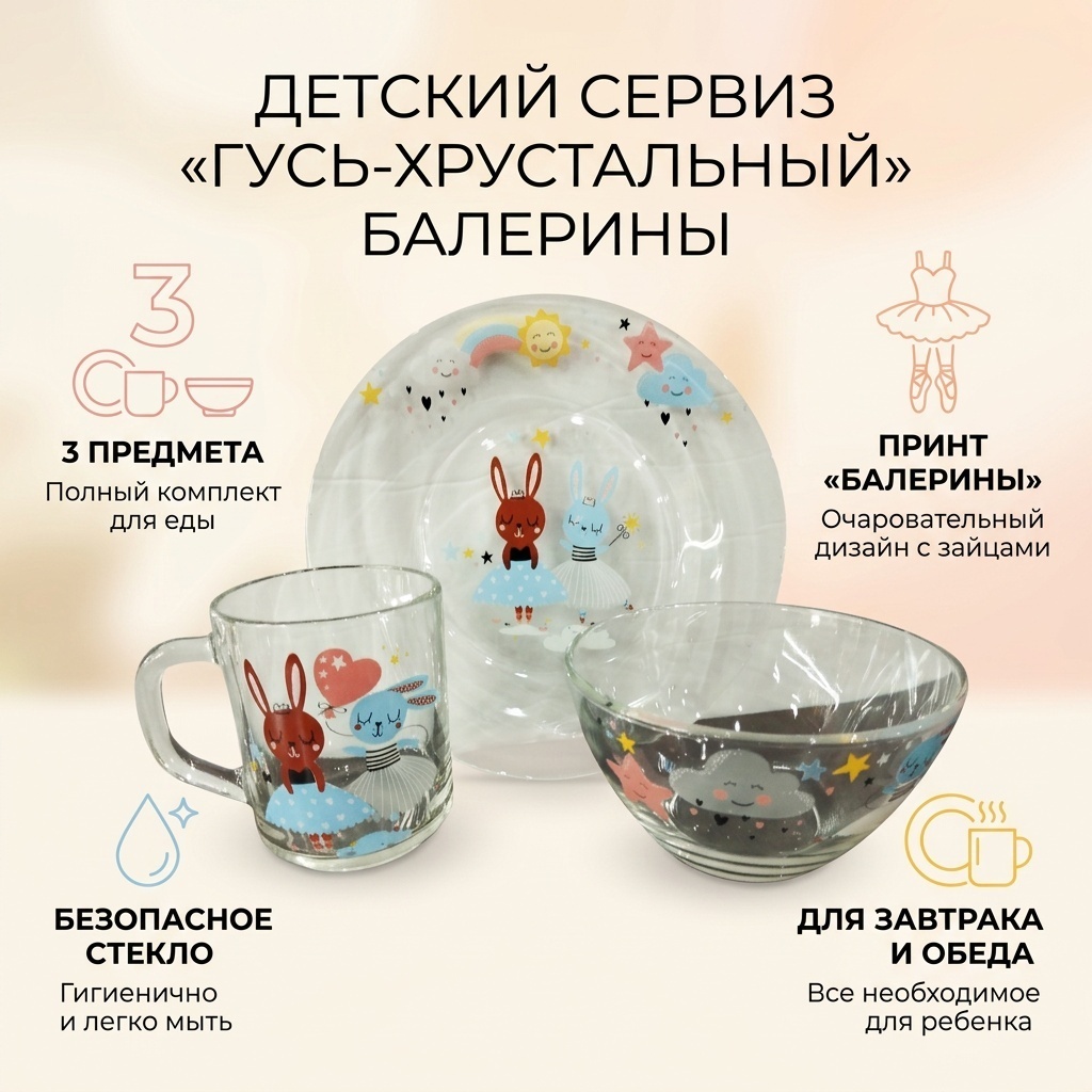 Сервиз на 1 персону Гусь-Хрустальный Балерины, предметов: 3, детский, стекло