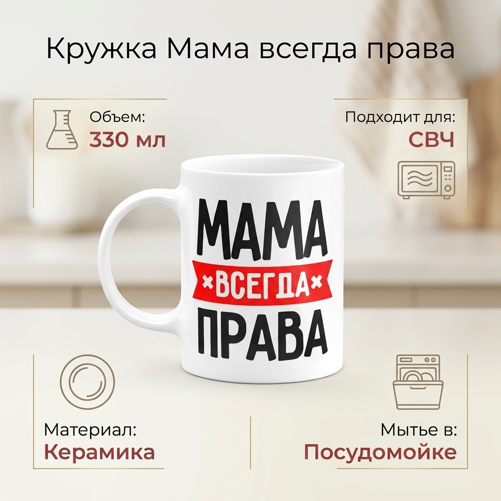 Кружка «Мама всегда права», 330 мл, керамика, 1 шт.