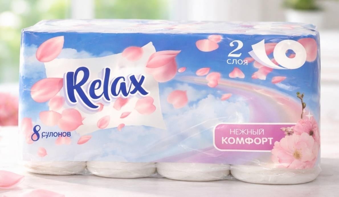 Relax туалетная бумага 2-слойный 8 шт, первичная целлюлоза